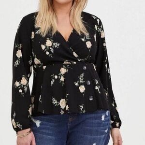 Torrid Black and Floral Long Sleeve A-line top
